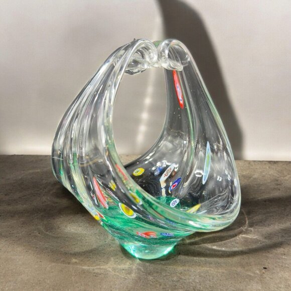 Large Art Glass Basket Bowl Centerpiece With Large Multicolor Millefiori Spots - Picture 1 of 16